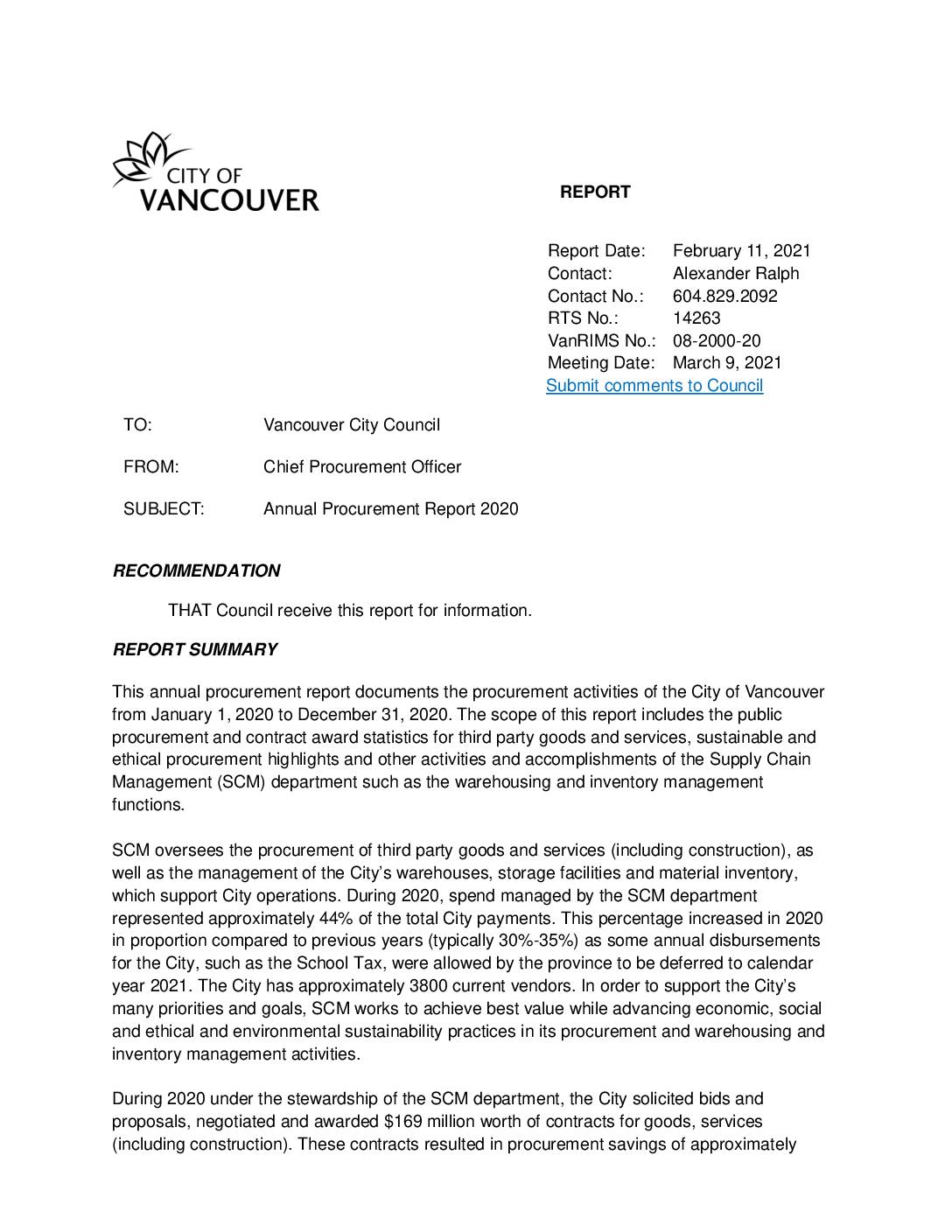 2021 City of Vancouver Sustainable Procurement Report