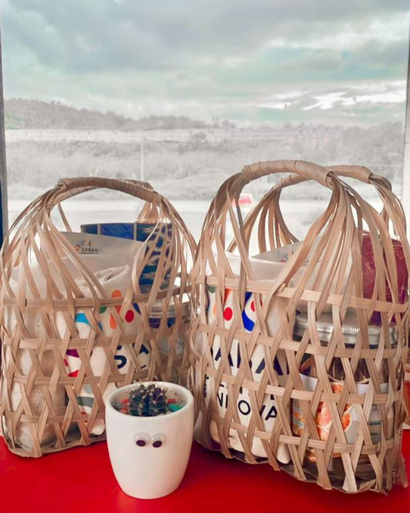 An image shows weaved baskets full of various products
