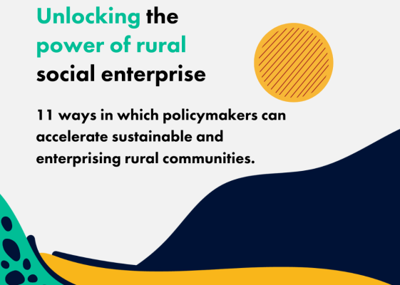 An image shows a front cover of the Rural Social Enterprise Manifesto depicting a vector graphic of hills and the sun