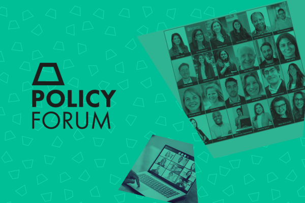 A branded SEWF Policy Forum image showing a Policy Forum logo (trapezoid) on a jade green background with portrait photographs of the Policy Forum speakers and an image of an online conference on a computer screen