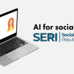 An illustration of a computer with a screenshot of SERI's AI tool and logo