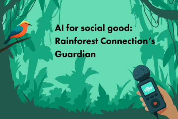 An illustration of rainforest and a hand with recording device