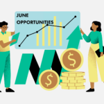 an illustration of two colleagues looking at the board with a chart, surrounded by big dollar coins