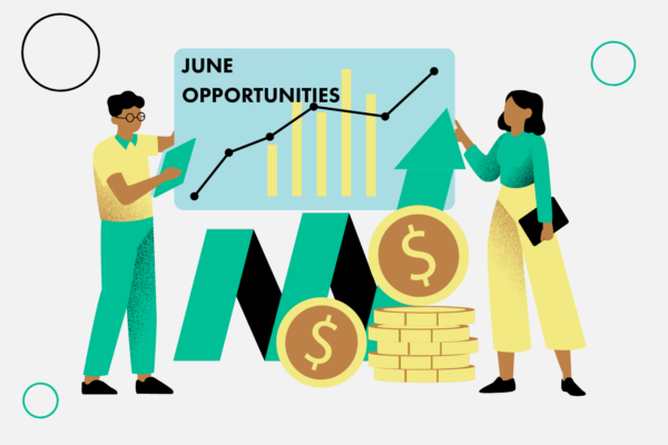 an illustration of two colleagues looking at the board with a chart, surrounded by big dollar coins